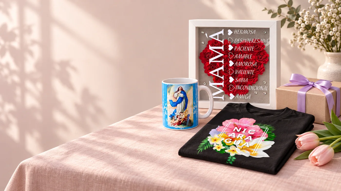 Gift arrangement with a MAMÁ shadow box, a Virgin Mary mug, a Nicaragua floral tee and tulips